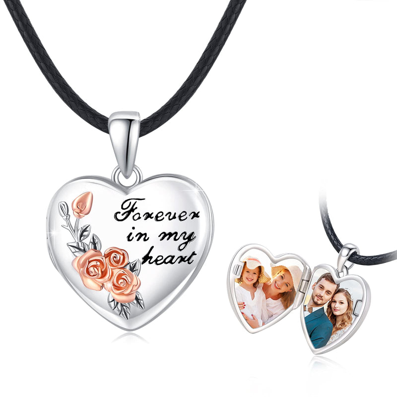 [Australia] - Heart Locket Necklace 925 Sterling Silver Rose Flower Amulet Photo Locket Pendant Necklace Gifts for Women Mom Grandmother 