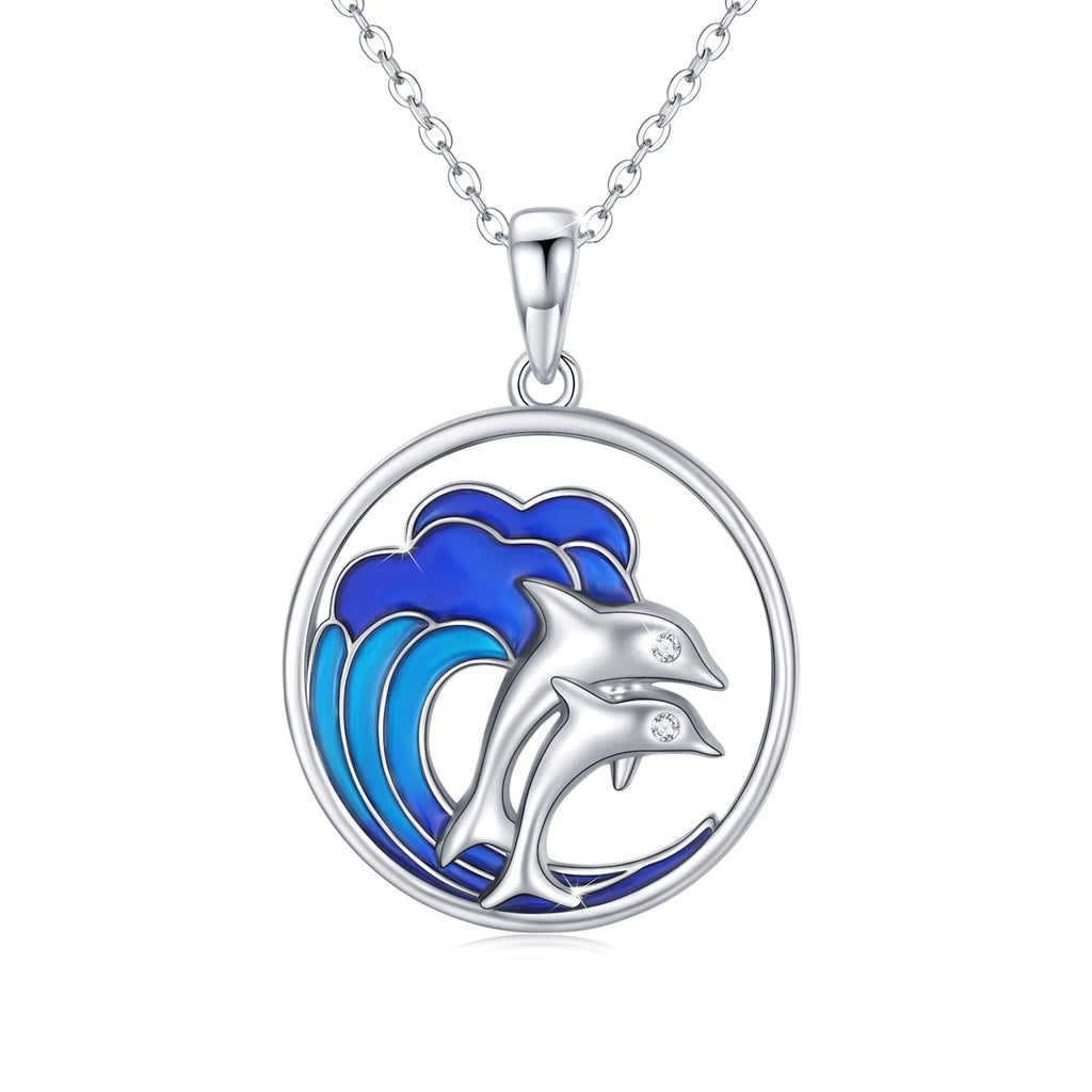 [Australia] - Dolphin Necklaces for Women, 925 Sterling Silver Double Dolphins with Sea Waves Round Pendant Necklace Dolphins Jewelry Gifts for Mother Women Girls 