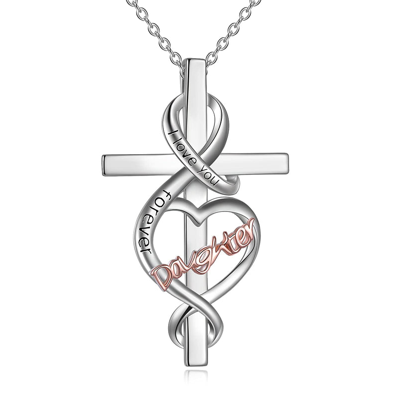 [Australia] - YFN Daughter Cross Necklace Gifts for Daughter Birthday Sterling Silver Daughter I love you Forever Heart Necklace Valentines Day Christmas Jewellery 
