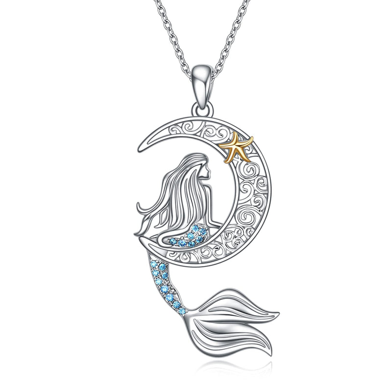 [Australia] - Sterling Silver Mermaid Necklace with Blue Crystal Moon Pendant Jewelry Gifts for Women 