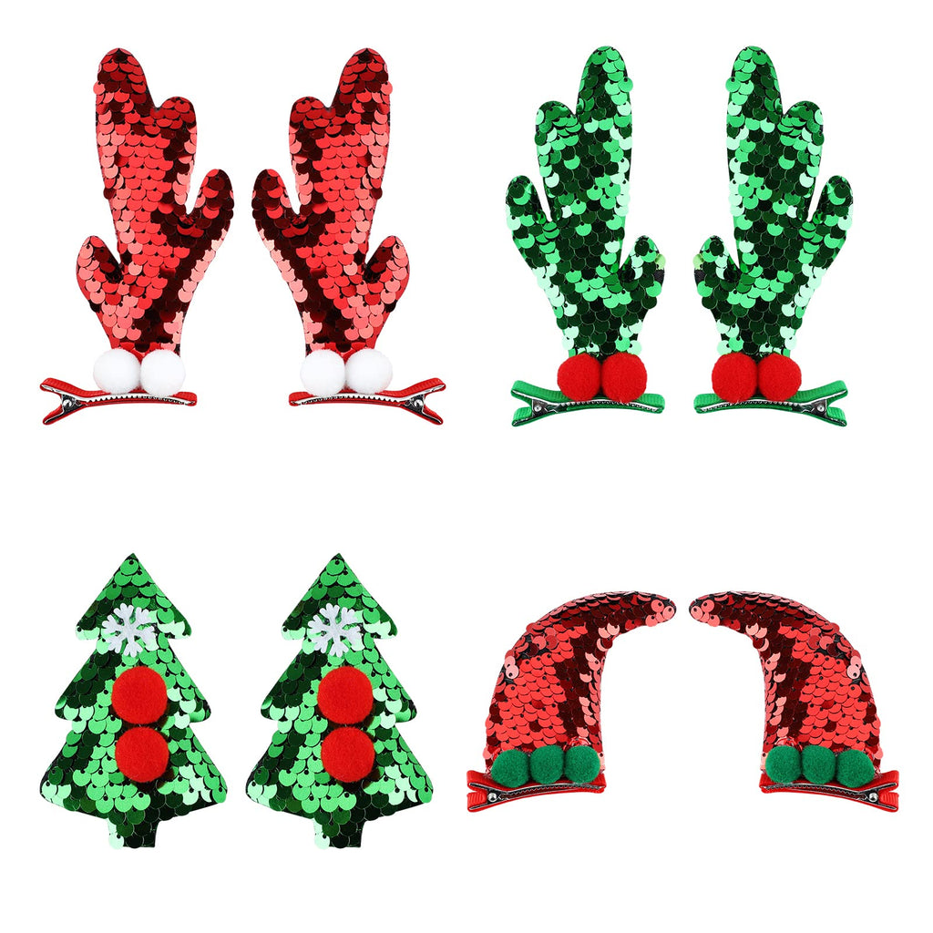 [Australia] - Christmas Hair Clip, 4 Pairs Christmas Hair Barrettes Glitter Sequins Christmas Antlers Hair Clips Red Green Xmas Hairpin Accessories for Women and Girls Christmas Party Festival Hair Decor 