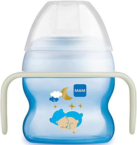 [Australia] - MAM Starter Cup and MAM Glow in the Dark Handles, Baby Cup for 4+ months, Baby Feeding, Glow in the Dark Toddler Cup, 1x 150 ml, Blue (Designs May Vary) Blue Glow in the dark Single 
