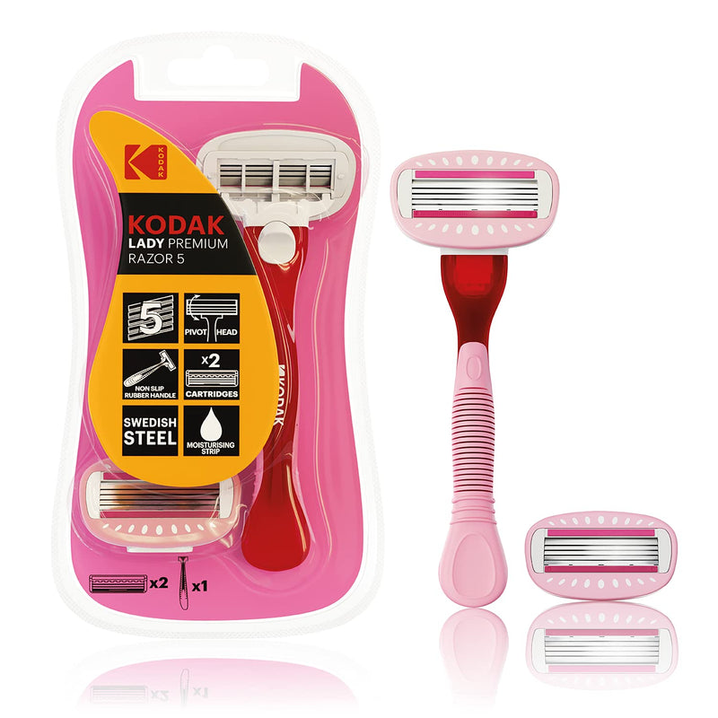 [Australia] - Kodak Premium Female 5 Blade Razor with 2 Refill Cartridges - Womens Shaving Kit | Swedish Steel & Aloe Vera Strip for A Sensitive Skin (Premium Handle + 2 Cartidges) 