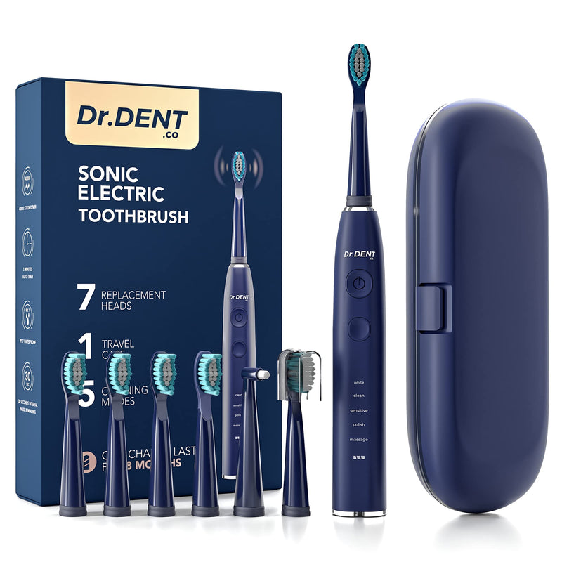 [Australia] - DrDent Premium Sonic Electric Toothbrush - 7 Dupont Brush Heads & Travel Case - 5 Cleaning Modes with Smart Timer - Extended Battery Life - One Charge Lasts for 8 Months 