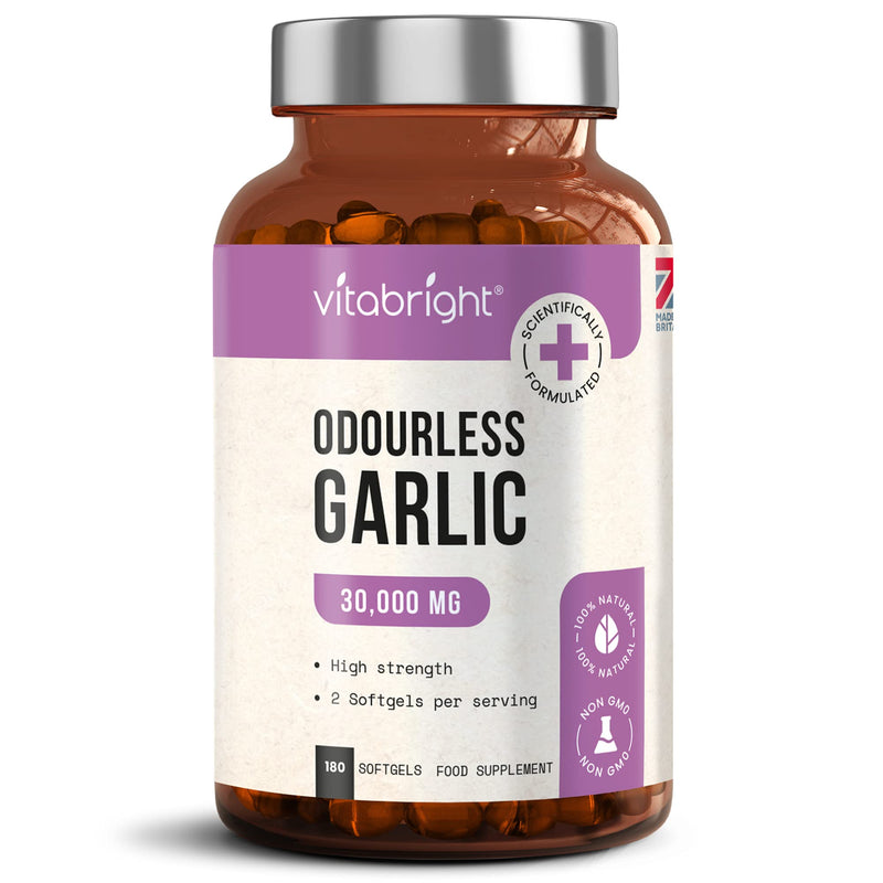 [Australia] - Odourless Garlic Capsules - High Strength 30,000mg - 180 Deodourised Garlic Oil Softgels – High in Allicin Garlic Supplement - 100% Natural Cold Pressed Garlic Tablets – Immune Support - Made in UK 