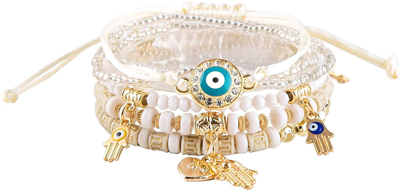 [Australia] - DAGALE Bohemian Evil Eye Bracelets, Multilayer Evil Eye Hamsa Hand Bracelet, Multicolor Crystal Beaded Lucky Protection Bangles Strand Bracelet Boho Tassel Pendant Bracelets 
