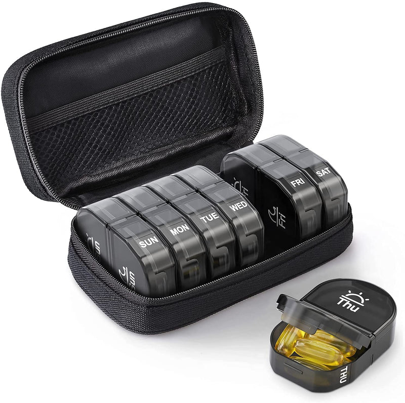 [Australia] - AUVON Canvas Bag Pill Boxes 7 Day 2 Times a Day, Large AM/PM Pill Box Organiser with Portable Zipper Cloth Bag for Holding Supplements, Vitamins and Fish Oils (Black) A-black 