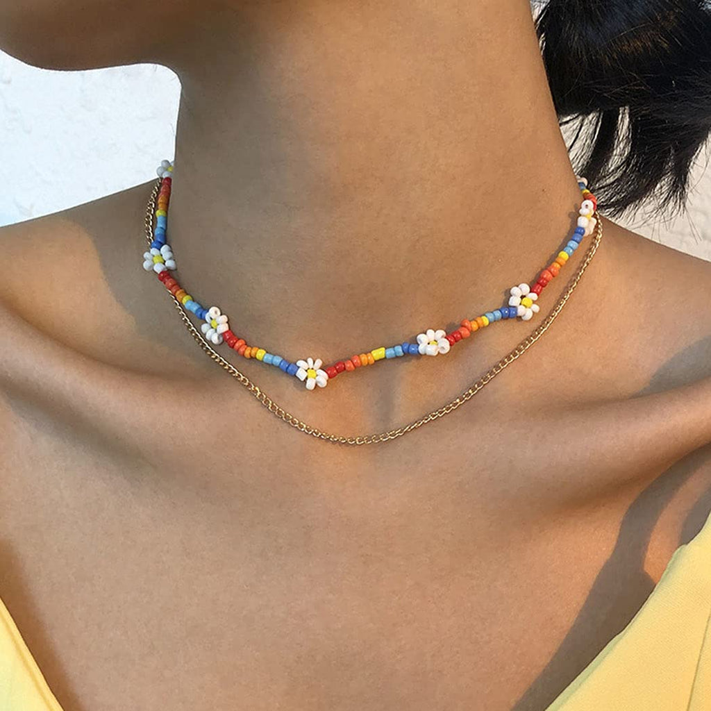 [Australia] - Ushiny Boho Beaded Choker Necklaces Colorful Layered Necklaces Flower necklace chain jewelry for women and girls Multi-color 1 