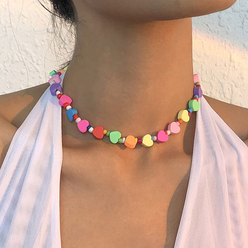 [Australia] - Ushiny Boho Beaded Choker Necklaces Colorful Heart Necklace Vintage Clay Necklace Accessories for Women and Girls Multi-colored 2 