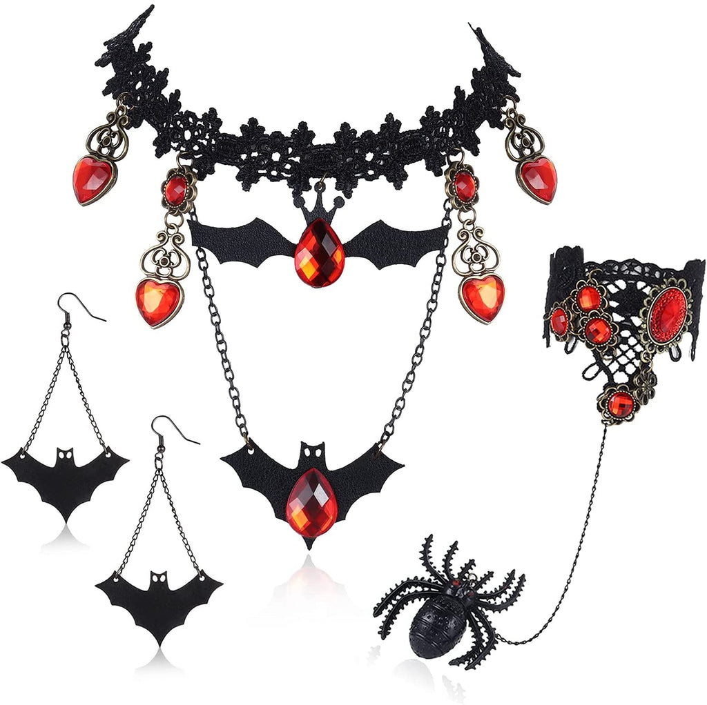 [Australia] - CASSIECA Gothic Jewelry Black Lace Choker Necklace with Spidder Bracelet and Bat Earrings Set Red Rhinestone Halloween Vampire Costume Accessories for Women Punk Party 