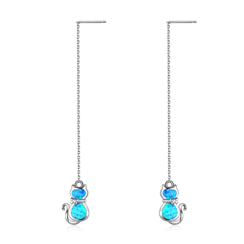 [Australia] - Sterling Silver Created Blue Opal Bar/Tree Leaves/Cat/Dog Paw/Butterfly/Starfish Threader Dangle Drop Earrings Jewelry Gifts for Women Birthday 5-Cat 