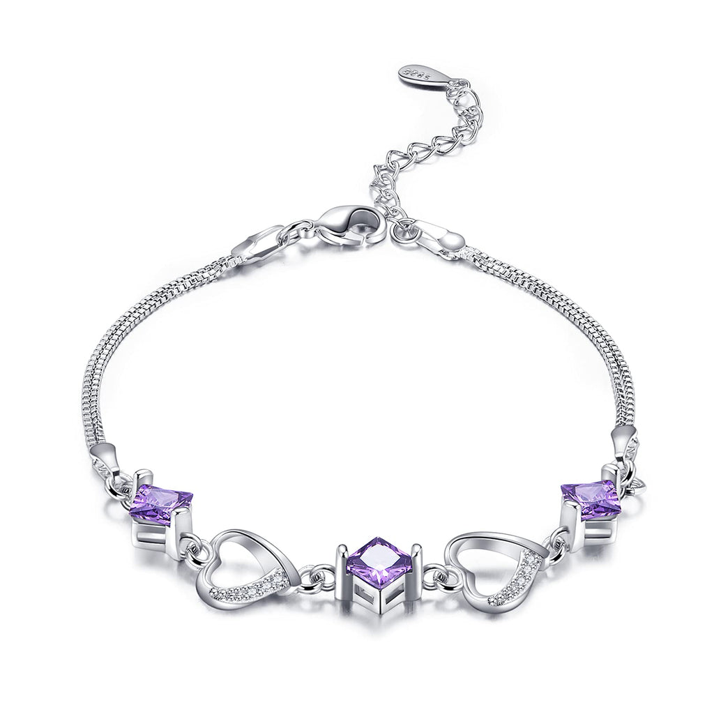 [Australia] - Silver Bracelets for Women, Lucky Love Heart Crystal Bracelets with Sparkle Cubic Zirconia, Bracelet Jewellery Gift for Women Girls Teen Friend Lovers b purple 