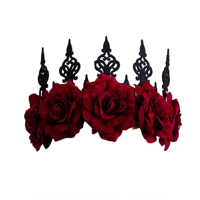 [Australia] - Halloween Headband Gothic Rose Tiara Queen Princess Garland Crown Headband Vintage Wedding Wreath Floral Bride Headpiece for Women Girls Day of The Dead Halloween Party Cosplay Redrose-a 