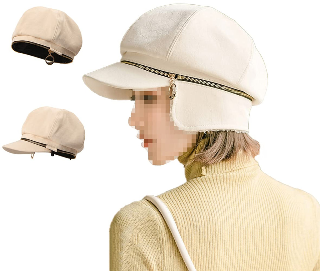 [Australia] - ZffXH Ear Flaps Winter Newsboy Hats/Women Girls Visor Beret Cap/Chain Belt PU Leather Warm Hat White 