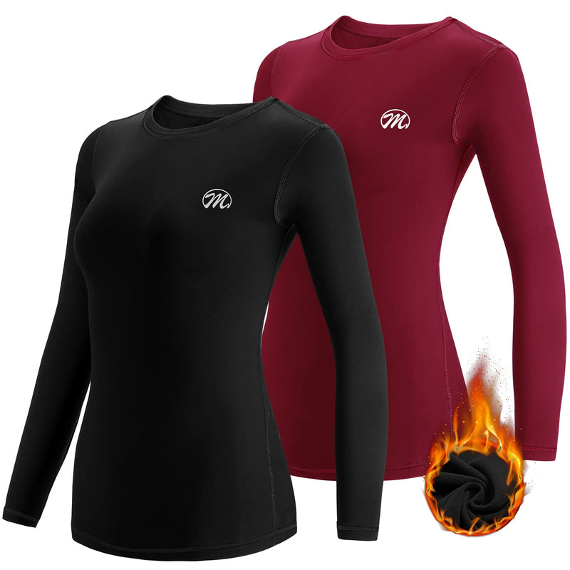 [Australia] - MEETWEE Women’s Thermal Underwear Tops, Thermals Shirts Base Layer Top Compression Long Sleeve Tee-Shirt Sport Fleece Lined T Shirt for Running Workout Skiing Black-2+red-2 M 