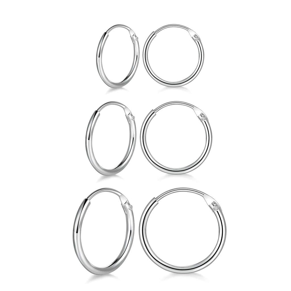 [Australia] - wynn's Silver Hoop Earrings Set, 3 Pairs 925 Sterling Silver Cartilage Small Endless Hoop Earrings Set, Hypoallergenic Silver Huggie Hoop Sleeper Earrings Nose Lip Rings for Women Men, 10, 12, 14, 16mm Silver - (12/14/16mm) 