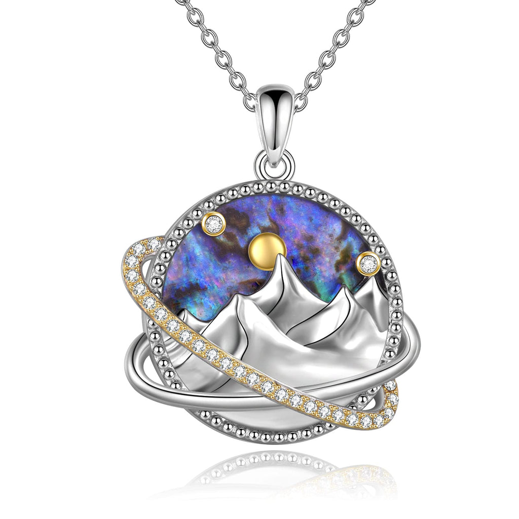 [Australia] - Sterling Silver Universe Planet Sun Moutain Pendant Necklace Abalone Shell Cubic Zirconia Jewelry for Women Girls Universe necklace 