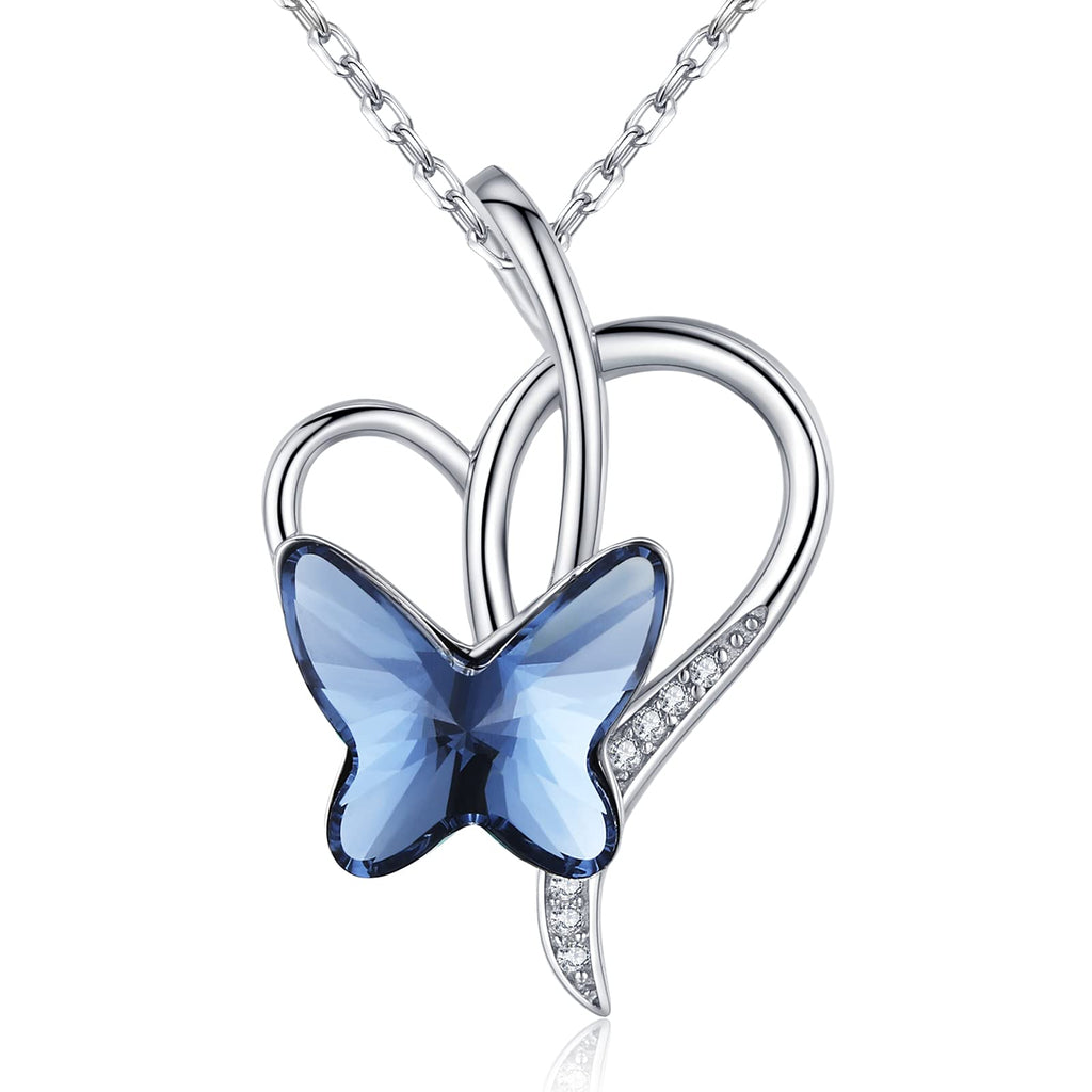 [Australia] - Butterfly Necklace Blue Crystal Pendant for Women 925 Sterling Silver Love Heart Pendant Necklaces Jewellery Gifts with 18”+2” Silver Chain A-Butterfly Necklace 