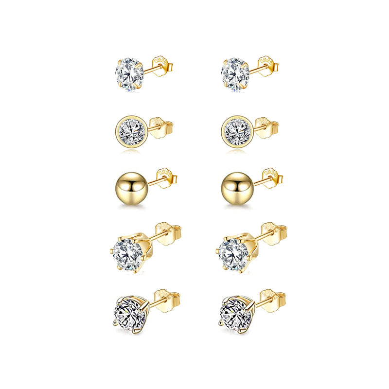 [Australia] - PRETTERY Silver Stud Earrings for Women, 5 Pairs 925 Sterling Silver Stud Earrings Set, 4mm Ball & Cubic Zirconia Stud Earrings Set, Hypoallergenic Small Sleeper Cartilage Earrings Set, Siver/ Gold/ Rose Gold 