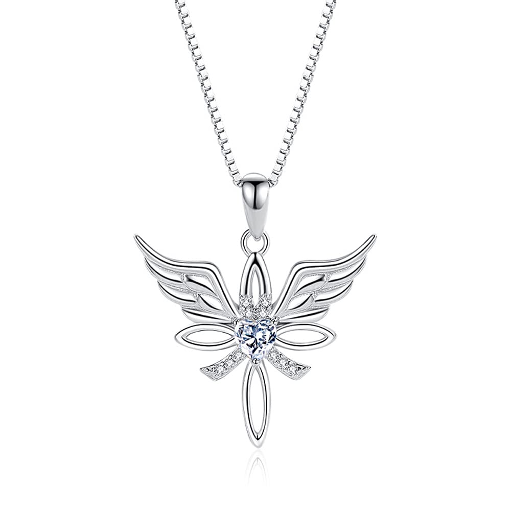 [Australia] - ShiningQueen 925 Sterling Silver Necklace Angel Wings Cross Pendant with Heart Cubic Zirconia for Women Girl White 