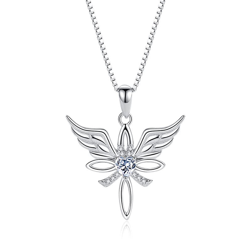 [Australia] - ShiningQueen 925 Sterling Silver Necklace Angel Wings Cross Pendant with Heart Cubic Zirconia for Women Girl White 