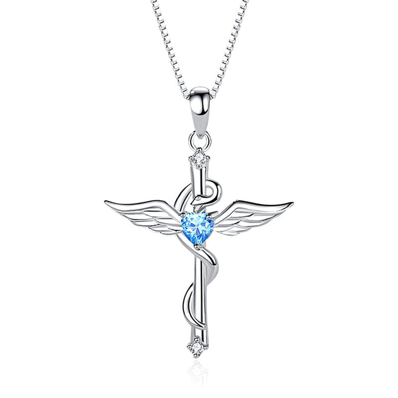 [Australia] - ShiningQueen 925 Sterling Silver Necklace Angel Wings Cross Pendant with Heart Cubic Zirconia for Women Girls Aquamarine 