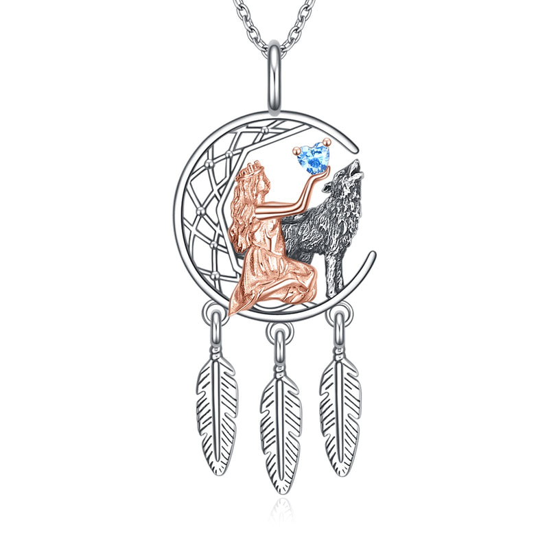 [Australia] - Dream Catcher Necklace Wolf Girl Pendant Necklace 925 Sterling Silver Jewellery Gift for Women Girls 