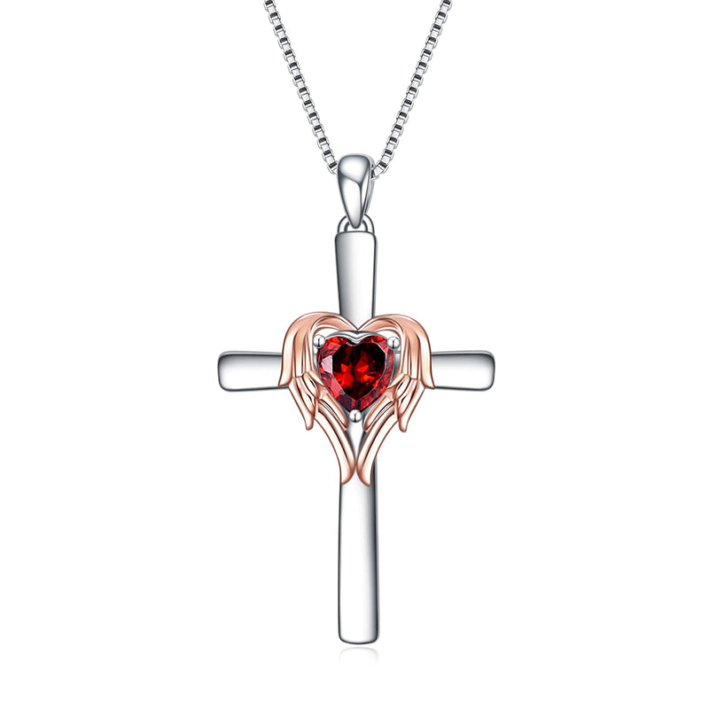 [Australia] - Cross Necklace Sterling Silver Angel Wings Cross Pendant Necklace Love Heart Necklace for Women Jewellery Gifts January 