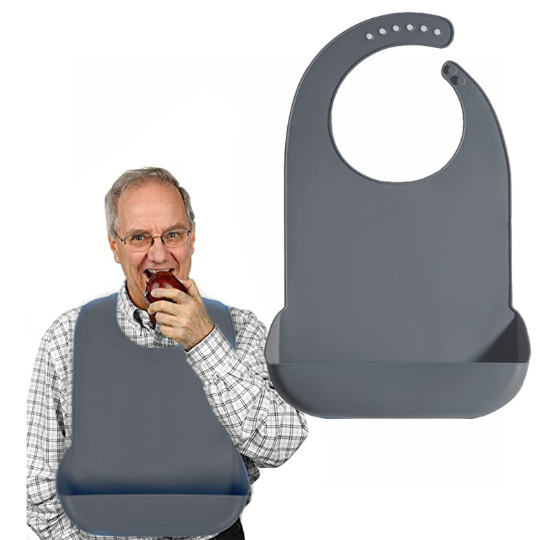 [Australia] - 1 Pack Washable Silicone Adult Bib with Pocket Waterproof Clothing Protector Reusable Apron Mealtime Crumb Catcher for Elderly Seniors Eating(53cm×36cm) Grey-large 