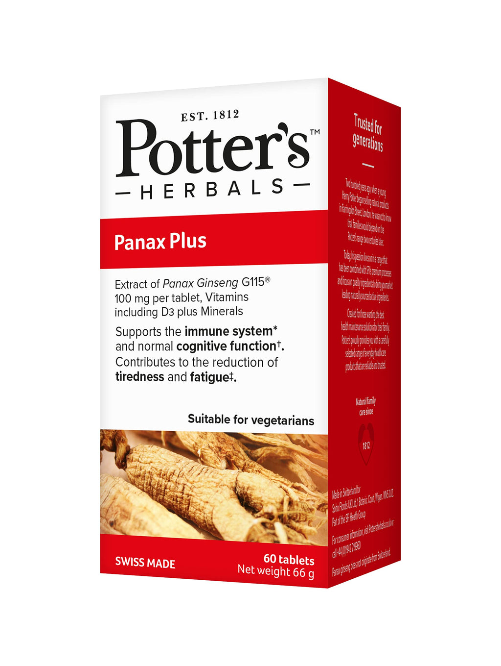 [Australia] - Potter's Herbals Panax Plus | 60 Tablets | Panax Ginseng G115 | Plus Vitamin D3 | Suitable for Vegetarians 