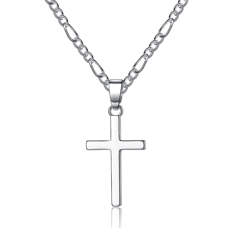[Australia] - LYTOPTOP Cross Necklaces Men Women | Small Plain Latin Cross Pendant Figaro Link Chain Necklace Christian Christmas Birthday Gifts Silver 