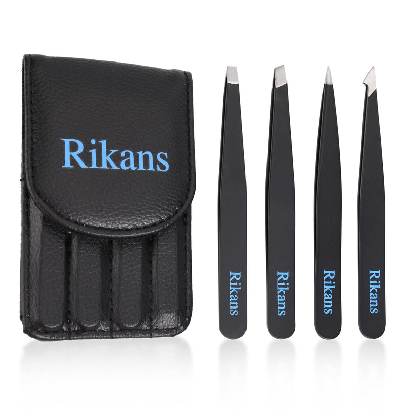 [Australia] - Rikans Precision Tweezers Set – Pack of 4 Black Professional Tweezers – Handy Carry Pouch – Superior Stainless Steel Tweezer Set – Splinters, Eyebrows, Facial or Ingrown Hair – Blackheads Remover 