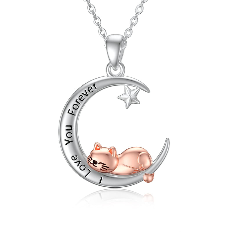 [Australia] - VENACOLY Cat Necklace Sterling Silver Cat on Moon Pendant Necklace Cat Jewellery Gifts for Cat Lovers Women Girls 