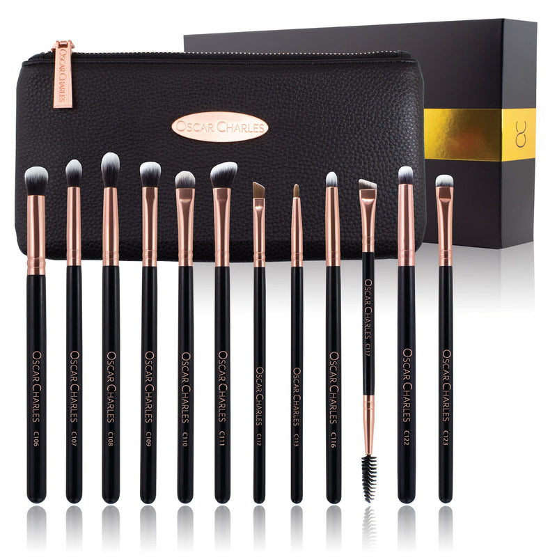[Australia] - Oscar Charles 12 Piece Luxe Professional Eye Makeup Brush Set Including a Luxury Cosmetic Clutch Bag - Rose Gold 