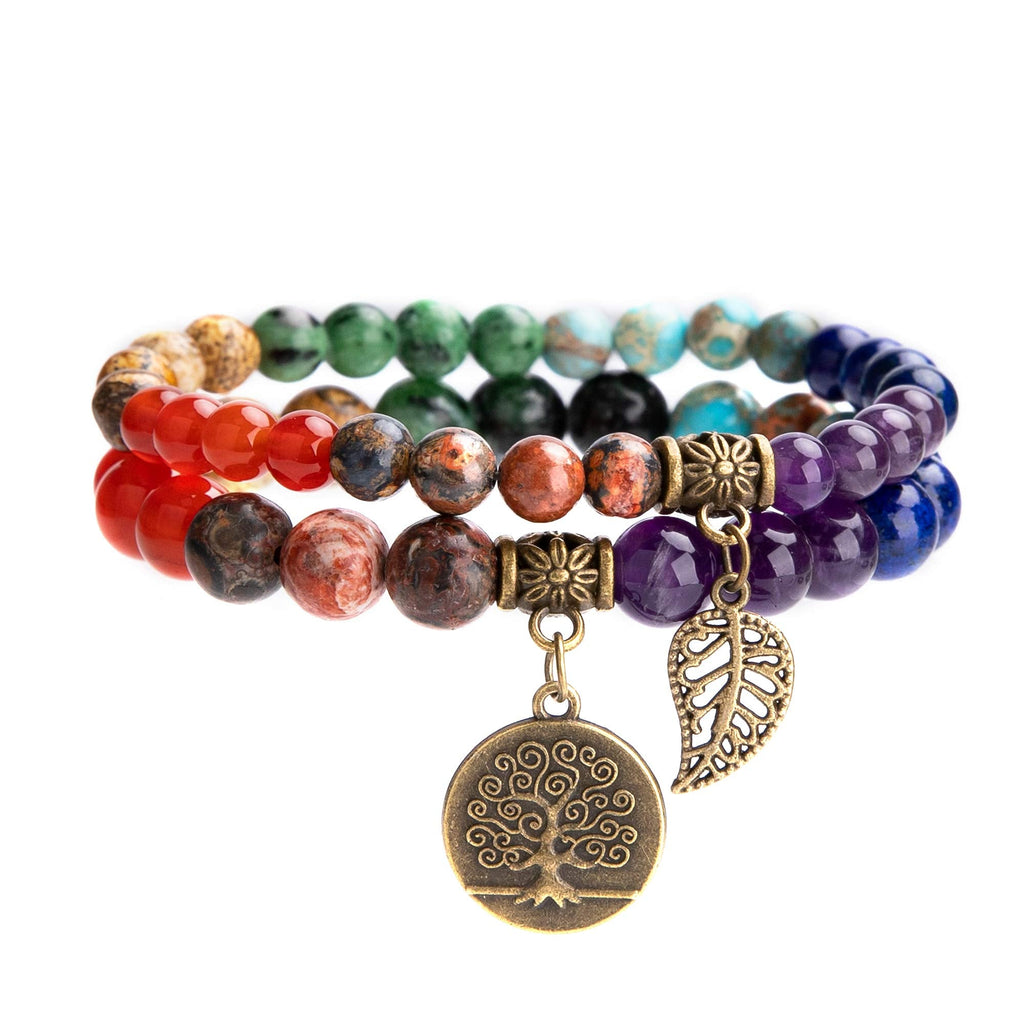 [Australia] - Farfume Chakra Bracelets for Women - Healing Crystals Bracelet Women Natural Gemstones Yoga Reiki Bangle- A Set of Double Bracelets 7 Chakras Bracelet 