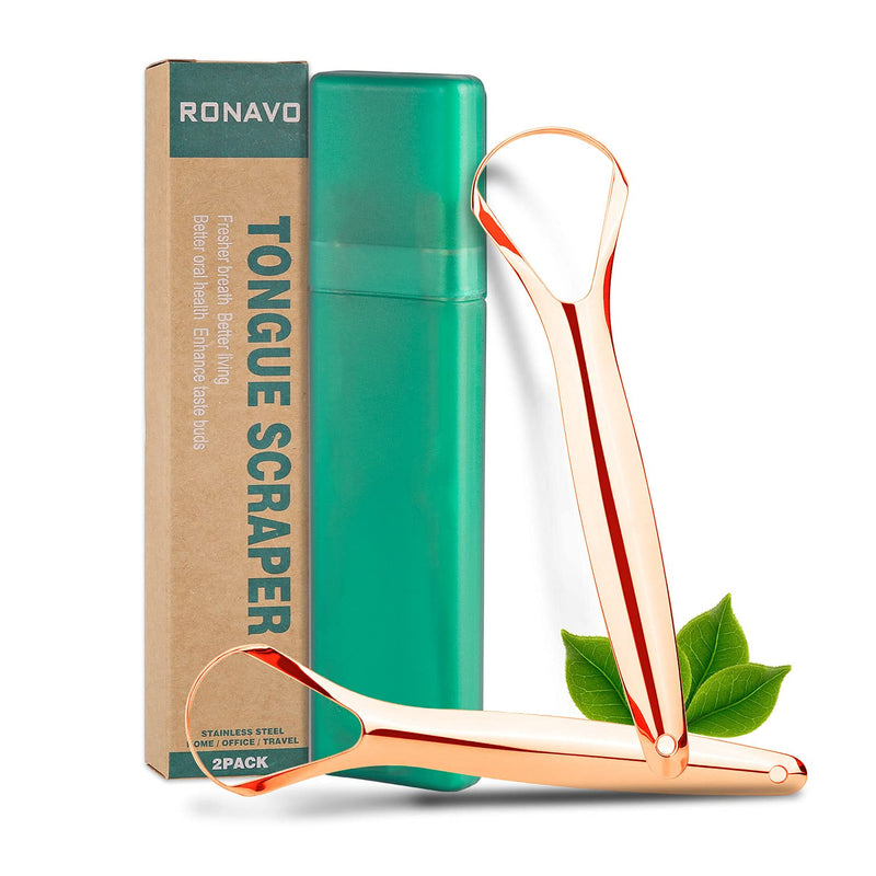 [Australia] - Copper Tongue Scrapers for Adults(2 Pack) with Travel Case, Cure Bad Breath (Medical Grade), Stainless Steel Tongue Cleaners, 100% BPA Free Metal Tongue Scrapers Fresher Breath in Seconds.by RONAVO Wider-rose Gold 