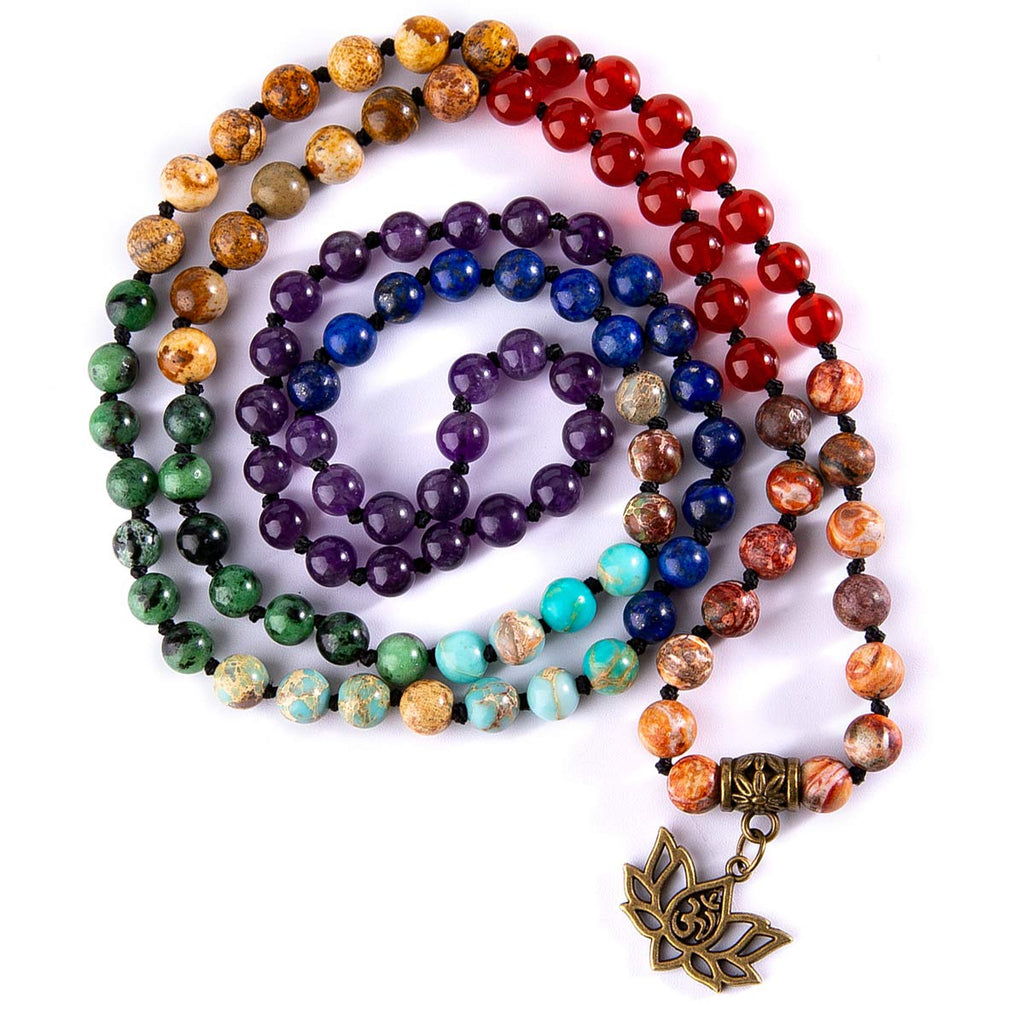 [Australia] - Farfume 7 Chakra 108 Mala Beads Bracelet Real Healing Gemstone Yoga Meditation Hand Knotted Mala Prayer Bead Necklace … Lotus OM-6mm Beads 