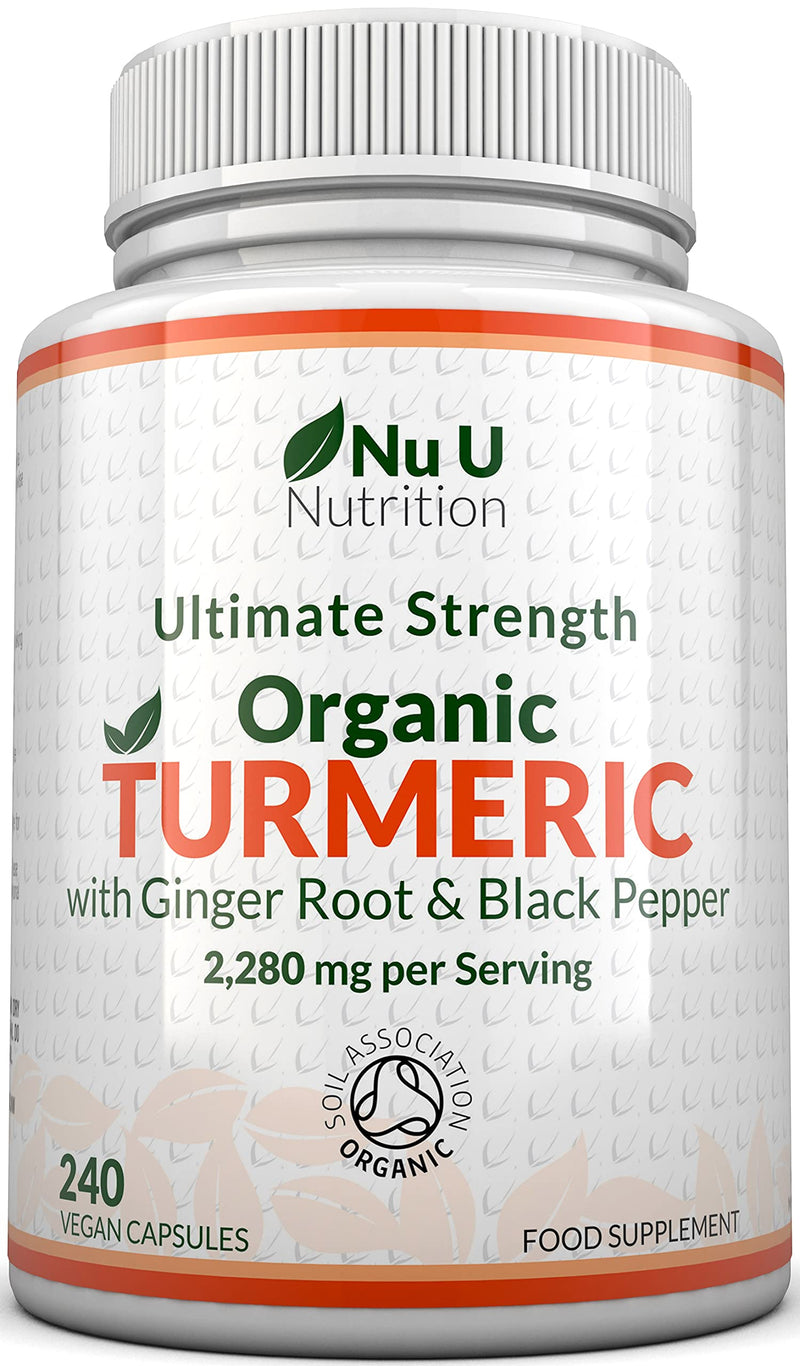 [Australia] - Organic Turmeric Ginger and Black Pepper - 2280 mg per Serving - 240 Vegan Capsules - Soil Association Certified - High Strength Tumeric Curcumin - 4 Months Supply - Nu u Nutrition 