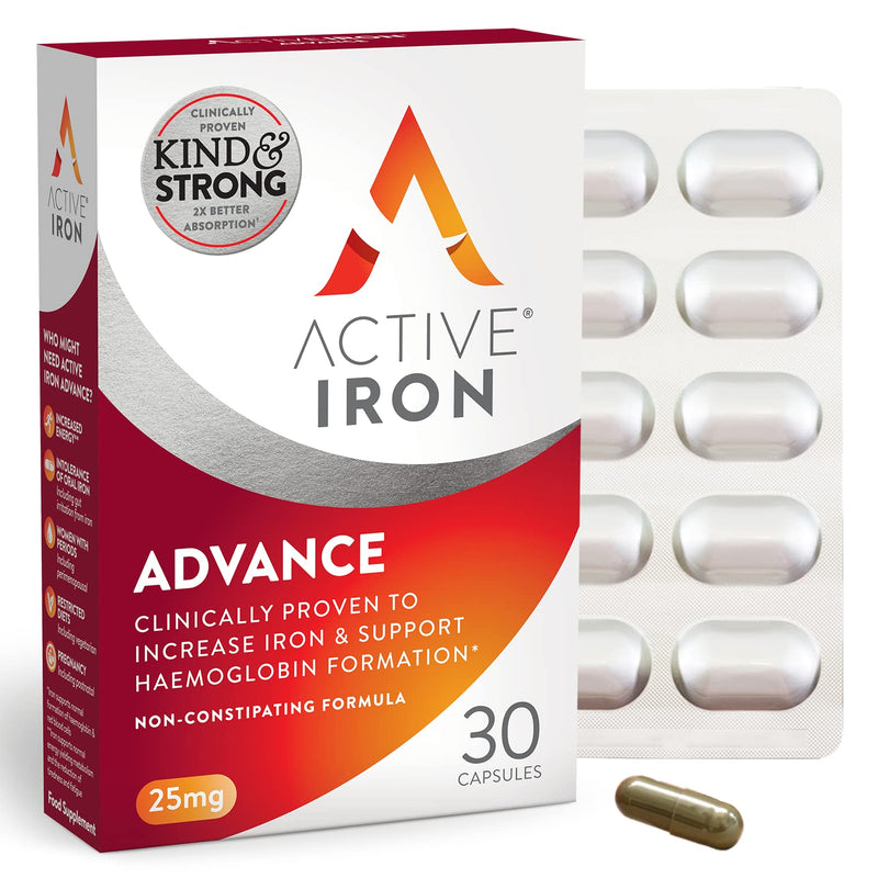 [Australia] - Active Iron Advance 25mg Iron Supplement | Non- Constipating | Clinically Proven to Increase Iron Levels | Fights Tiredness & Fatigue | 30 Daily Capsules 