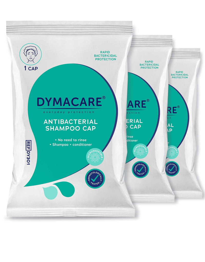 [Australia] - DYMACARE Antibacterial No Rinse Shampoo Cap | Rinse Free Shower Cap That Shampoos & Conditions | PH Balanced Waterless Hair Wash | 3 Caps 