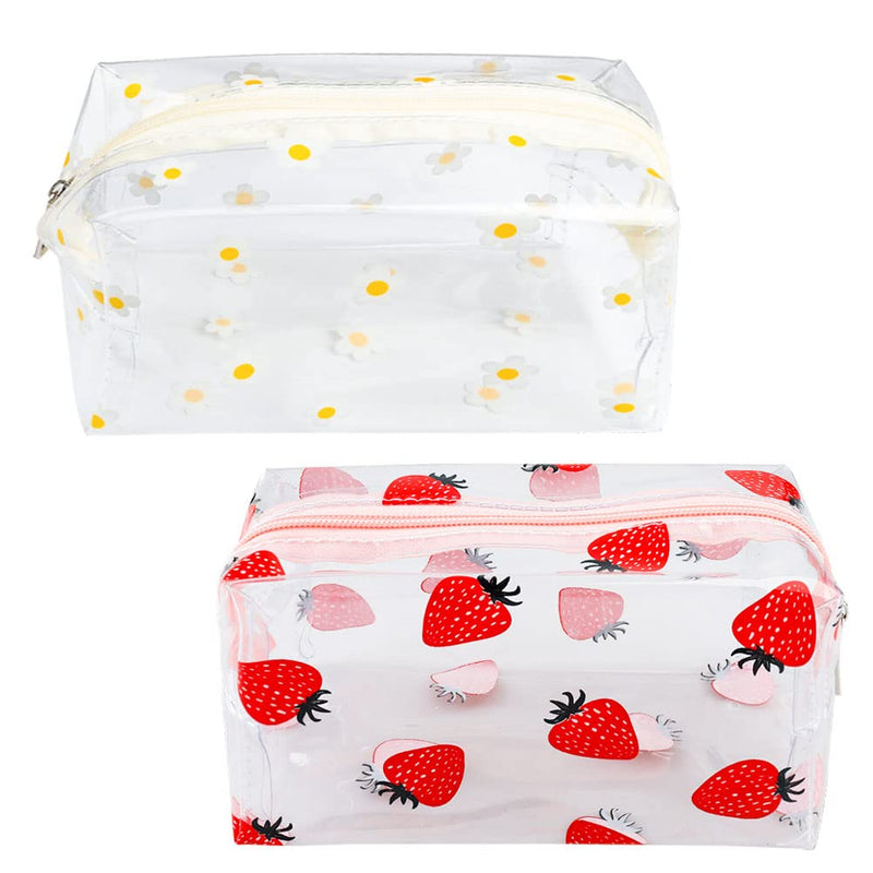 [Australia] - Clear Cosmetic Bags, 2Pcs Clear Cute PVC Fruit Makeup Bag Cute Travel Wash Cosmetic Pouch for Women Girls(Daisy + Strawberry) Daisy+Strawberry 