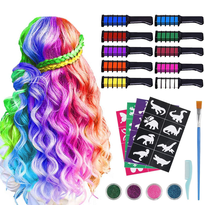 [Australia] - 10 Pcs Hair Chalks for Girls Kids, MSDADA Temporary Bright Coloured Hairspray for Kids Gifts for Girls Age 6 7 8 9 10-12 Hair Dye for Kids Halloween Christmas(Multi-colored&Glitter&Tattoo&Brush) 10 Color 