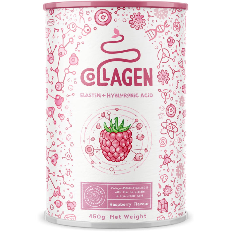 [Australia] - Collagen with Elastin and Hyaluronic Acid - Powder - Premium Hydrolysed Bovine Collagen Peptides Type I, II and III - Without Additives - Raspberry Flavour - 450 Grams 