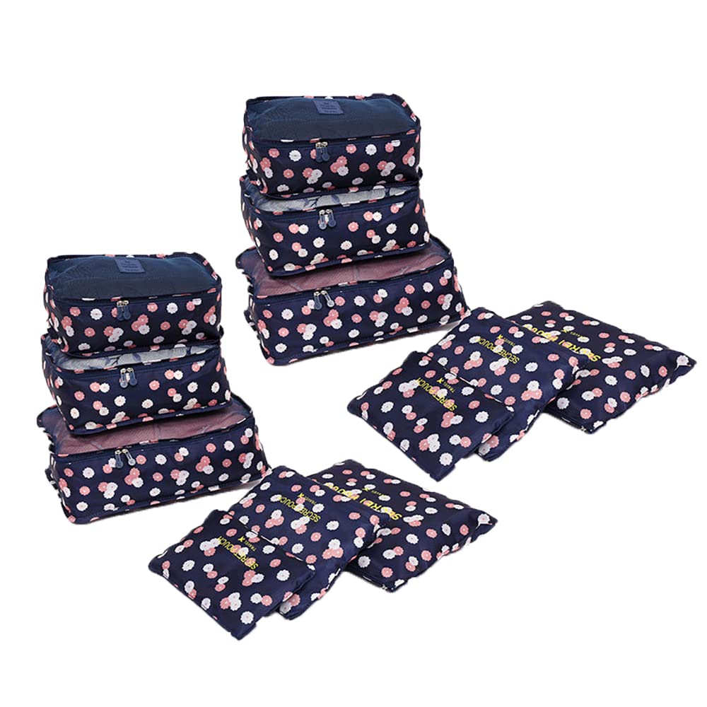 [Australia] - Angeer 12 Pcs Luggage Organiser Set Compression Pouch Packing Cubes Travel Storage Bags Clothes Suitcase (Navy blue flowers) Navy Blue Flowers 