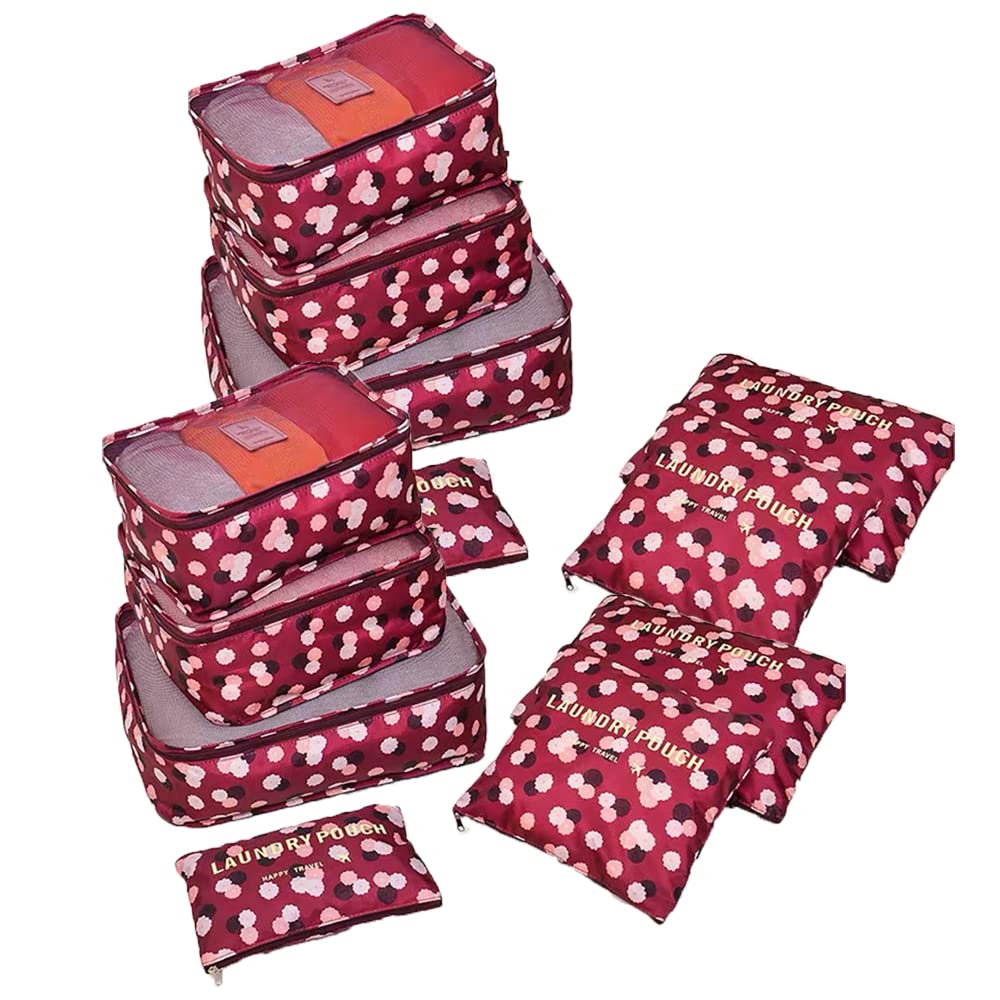 [Australia] - Angeer 12 Pcs Luggage Organiser Set Compression Pouch Packing Cubes Travel Storage Bags Clothes Suitcase (Wine red flowers) Wine Red Flowers 