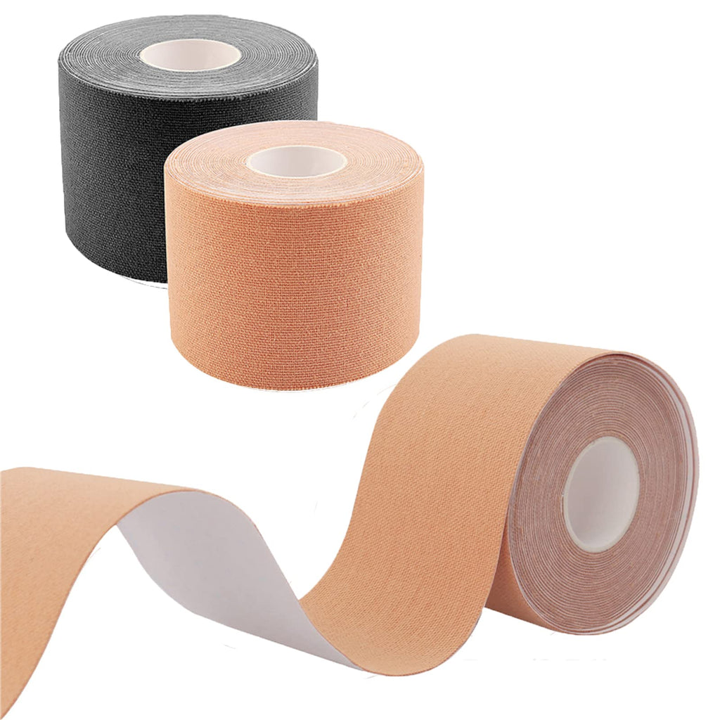 [Australia] - 2 Rolls Boob Tape, Black Skin Color Tit Tape Self Adhesive Push Up Breast Lift Tape Invisible Breast Tape Breathable Booby Tape for Large Breast 