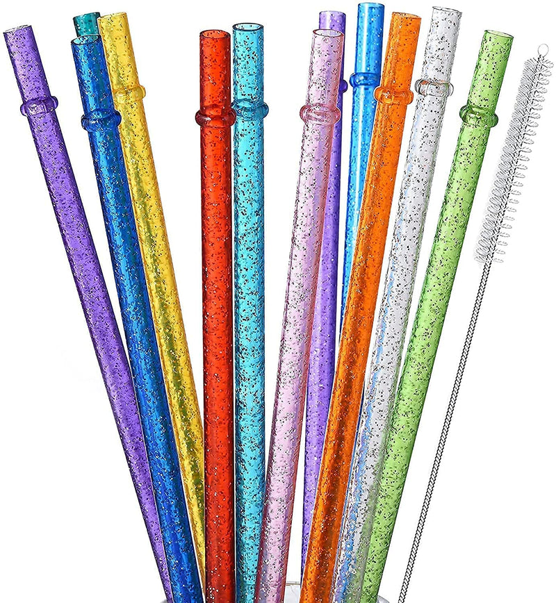 [Australia] - ALINK 12-Pack Glitter Reusable Clear Straws, 11" Long Hard Tumbler Drinking Straws with Cleaning Brush (10 Colors) 