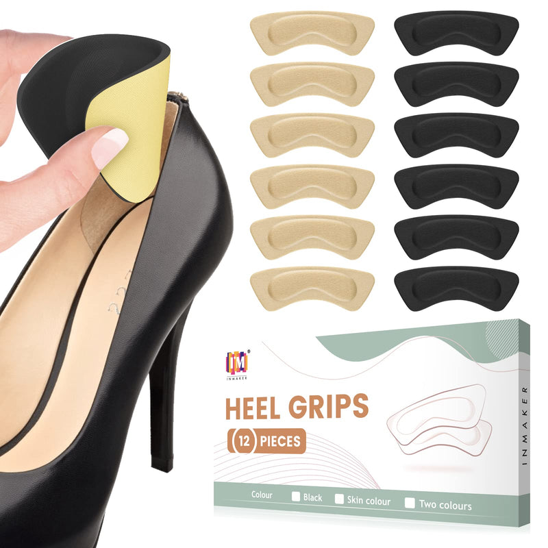 [Australia] - INMAKER Heel Grips,12 Pieces Heel Cushion Pads,Thickening Heel Grips with Strong Adhesion for Ladies, Kids, Mens Shoes(Black+Skin) Black+skin-12 Pieces 