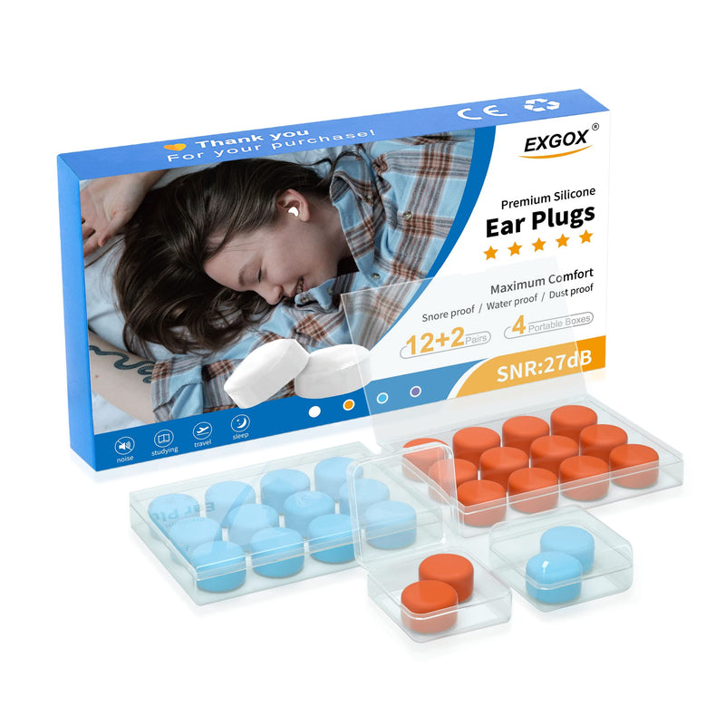 [Australia] - EXGOX 14 Pairs Silicone Ear Plugs for Sleeping Noise Cancelling Reusable Moldable Wax Earplugs for Swimming, Work, Airplane, SNR27dB(Blue, Orange) Blue+orange 