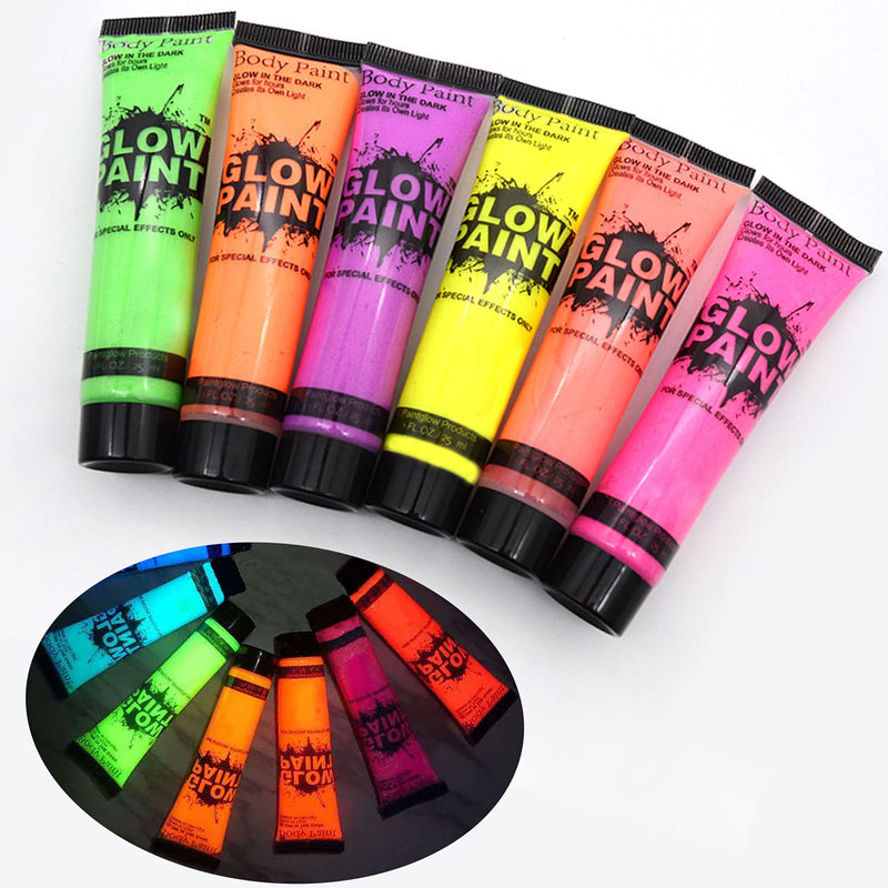 [Australia] - New Glow in the Dark Face Body Paint Washable Face Paint 6 Colors Black Light Face Makeup for Halloween Christmas Birthday Party (25ml, 6 colors) 